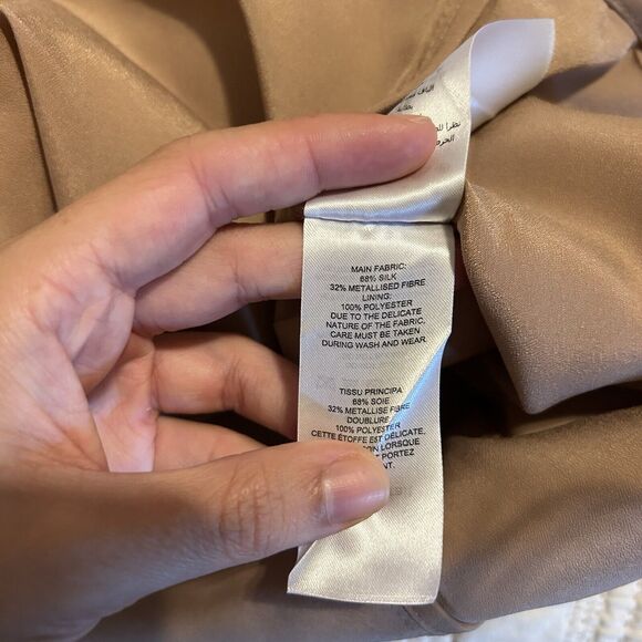 Self Portrait Dress Metallic Fil Coupe Ruffle Mini Beige Tan Silver Cocktail 4 - Picture 15 of 15